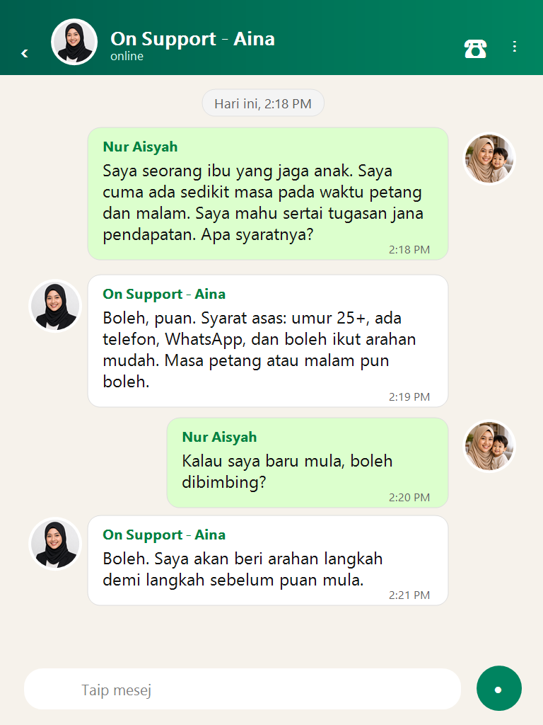 Perbualan WhatsApp dengan mentor On FitTask